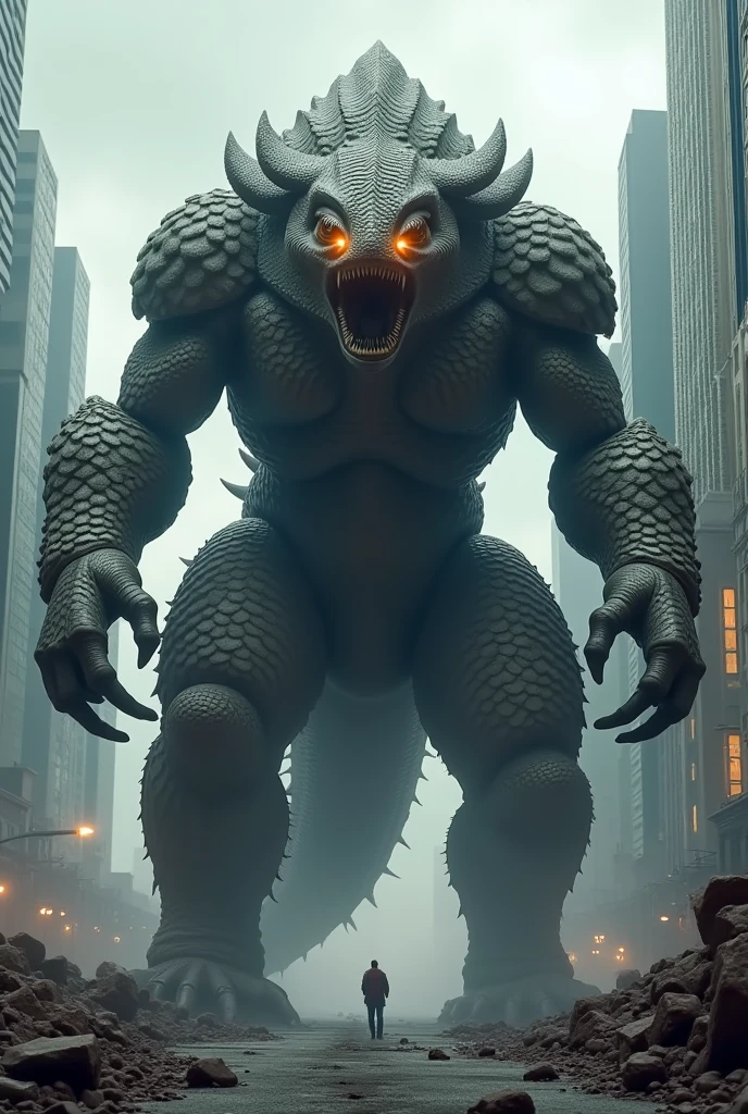 Imagine a kaiju from the movie "Pacific Rim," but if I were an armadillo describing it, I'd say:
"Well, this kaiju’s like a giant, armored beast that looks a lot like a cross between a dragon and a tank. It's got these huge, scaly plates all over its body, kind of like my own shell, but way bigger and tougher. Its claws are massive, and it can swipe buildings like they’re just toys. When it roars, it shakes the ground like a giant earthquake. And those eyes? They glow with a fierce, fiery light. Pretty intimidating for sure, even if I’m just an armadillo!"