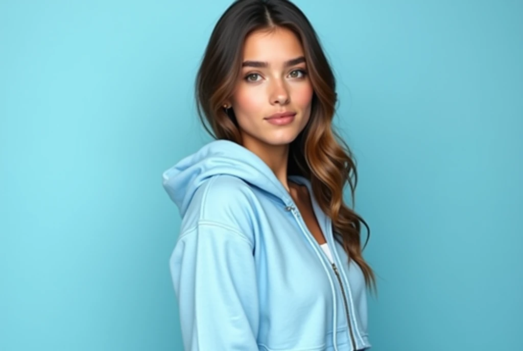 beautiful young woman hoodie mockup cropped hoodie mockup with zipper light blue background . Use Canon EOS 5D Mark IV with 24-70mm f/2.8 lens. Settings: ISO 100, f/8 aperture, and 1/125s shutter speed to capture sharp, brilliant images with wide depth of field.
