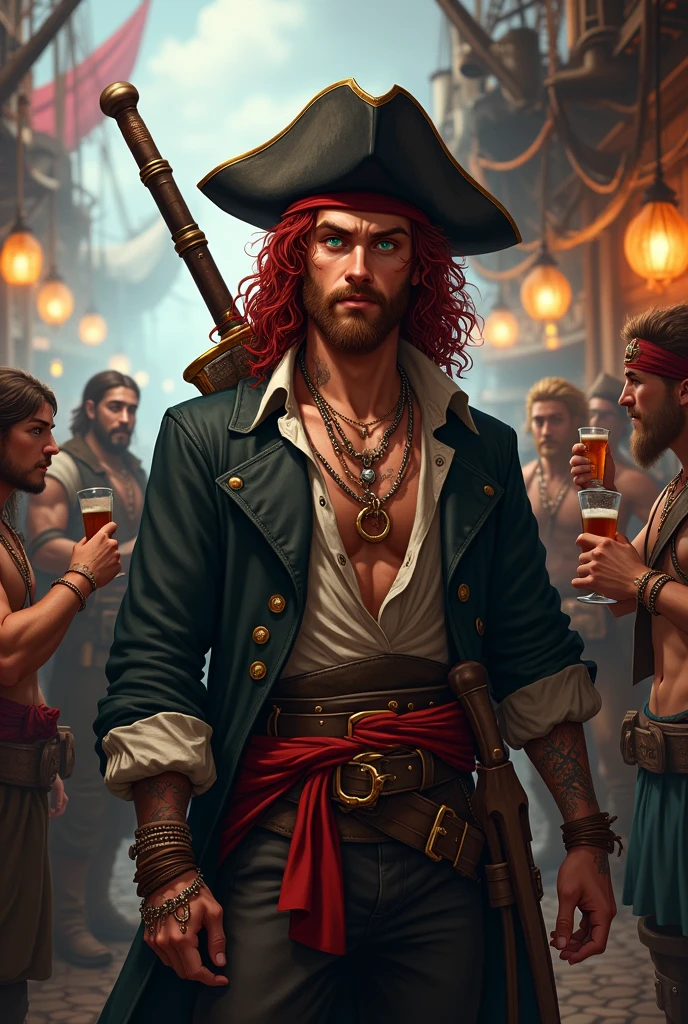 Generate the image of a pirate for a DnD campaign. A young pirate of 20 years old, he has long dark red curly hair, he has a really short beard. His eyes are emerald green, and has a small scar on the bridge of his nose. He’s wearing a pirate hat in black leather, a long dark trench coat, under the coat a soft shirt half open, with an old leather filet. On his back he has two swords. He’s wearing many bracelets and necklaces, he has many tattoo. He’s drinking and cheering at the pub with many other sailors, in the background a pirate harbor