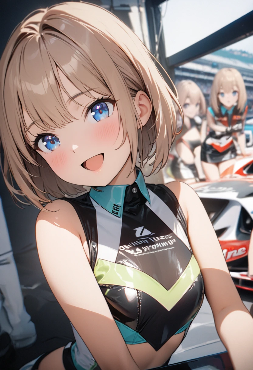 1 girl, 18yo, flat chest, blue eyes, light brown hair, bob cut, smile, open mouth, race queen, grid girl, sleeveless, mini skirt, circuit pits and racing cars line up in the background, upper body, (various pose:1.5), 8k, RAW photo, best quality, masterpiece, extremely detailed 8k wallpaper, ultra-detailed, best shadow, detailed background, beautiful detailed face, beautiful detailed eyes, nice hands, perfect hands