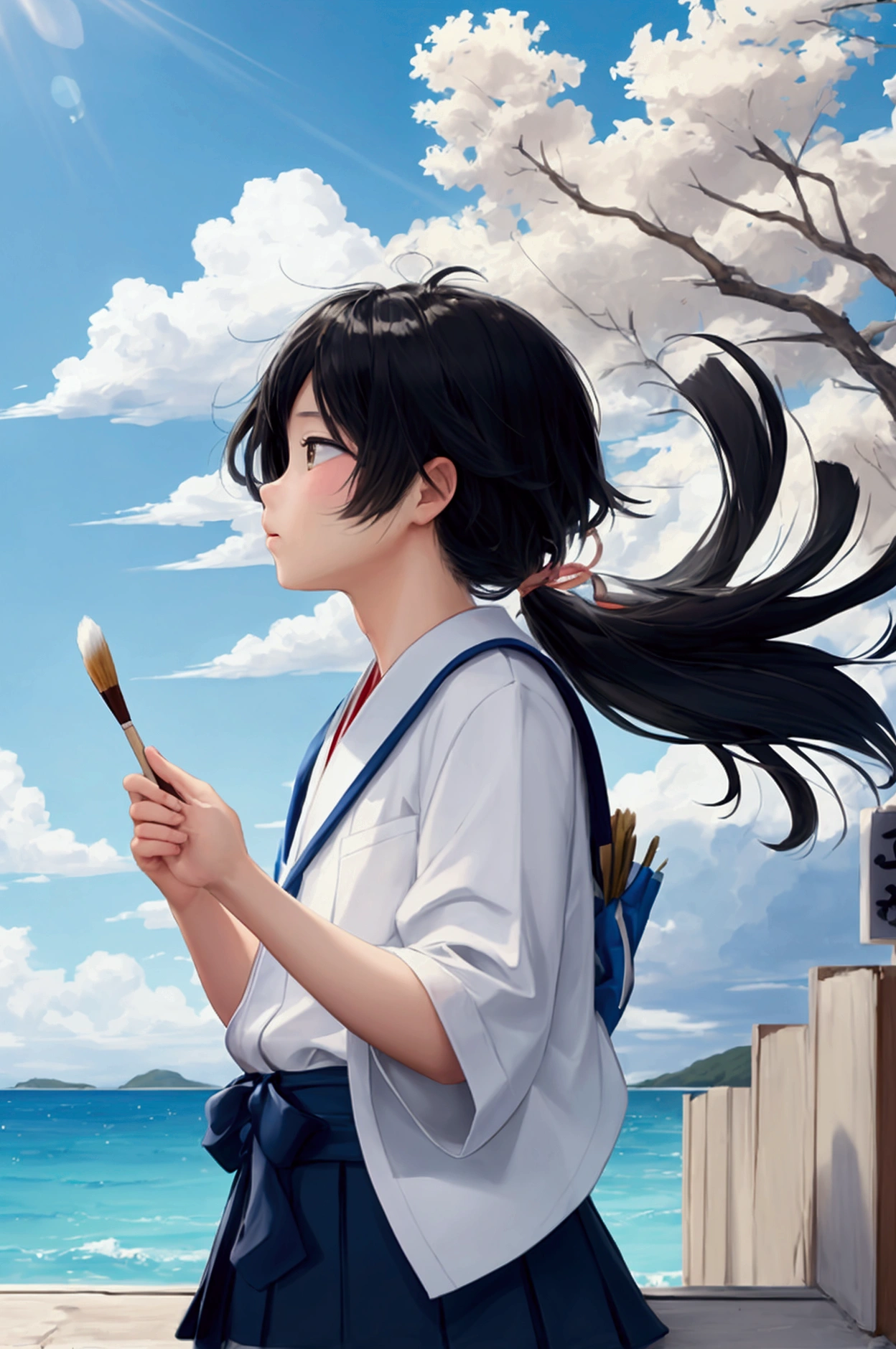“japanese highschool boy”, “looking up at sky”, “holding paint brush, “painting sky”, “white polo shirt”, “by the ocean”, “night time”, “light shining from brush”, “sparkles exploding from brush”, “warm and cold”, “paint strokes exploding from brush”, “wind blowing strong at boy’s hair”, “wind from brush”