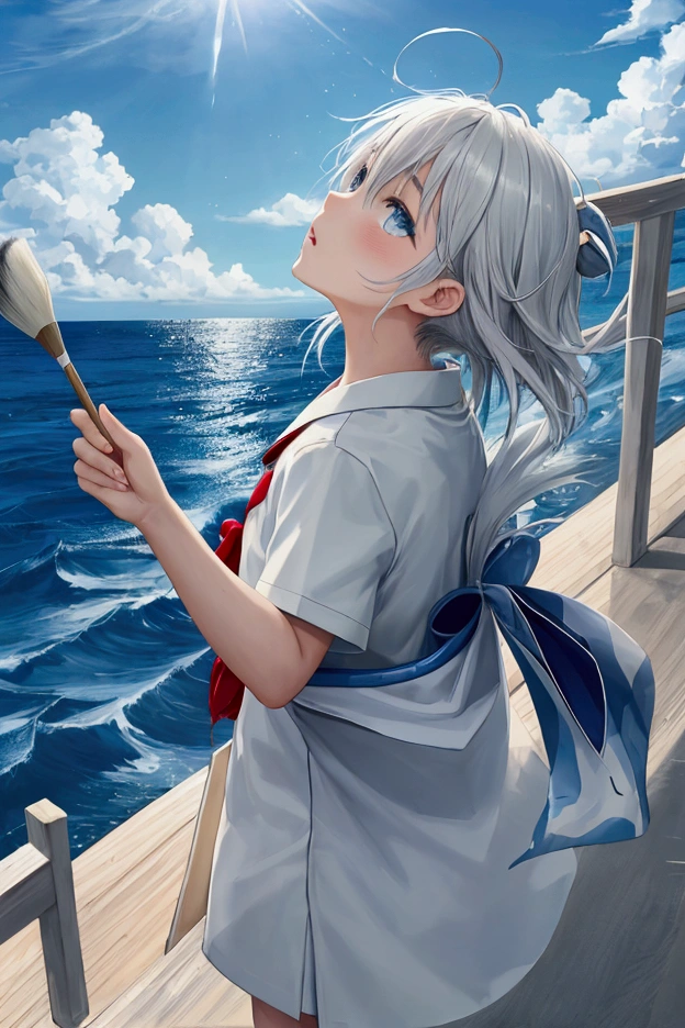 “japanese highschool boy”, “looking up at sky”, “holding paint brush, “painting sky”, “white polo shirt”, “by the ocean”, “night time”, “light shining from brush”, “sparkles exploding from brush”, “warm and cold”, “paint strokes exploding from brush”, “wind blowing strong at boy’s hair”, “wind from brush”