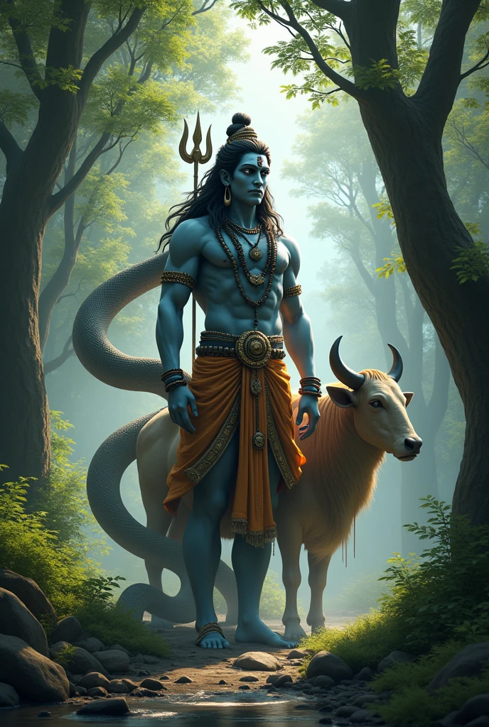 Mahadev hindu god with Andaconda and ox in forest
