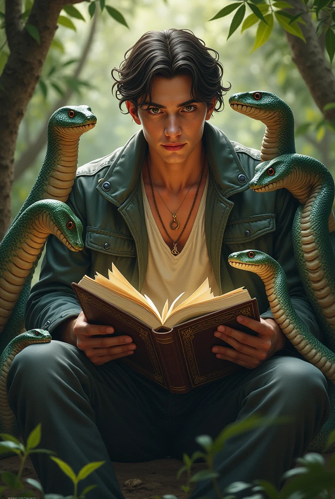 Snakes listen stories told by a young man he has good body features and height in his hand he has a book hold that