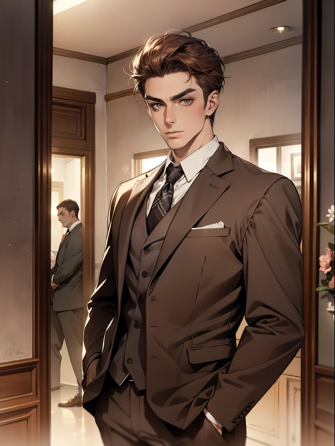 Masterpiece, Best quality, Realistic, 1 person, Mature male, Quiet and charming young man, 2 old, Serious look, Closed mouth, Portrait, Extremely detailed face, cold smile, ((dark gray eyes)), ((Right sweep short dark brown hair)), [Thick eyebrows], ((suit)), Handsome, full bodyesbian, Western, Jewish, Light brown skin,Stand in front of the mirror，Organize your clothes
