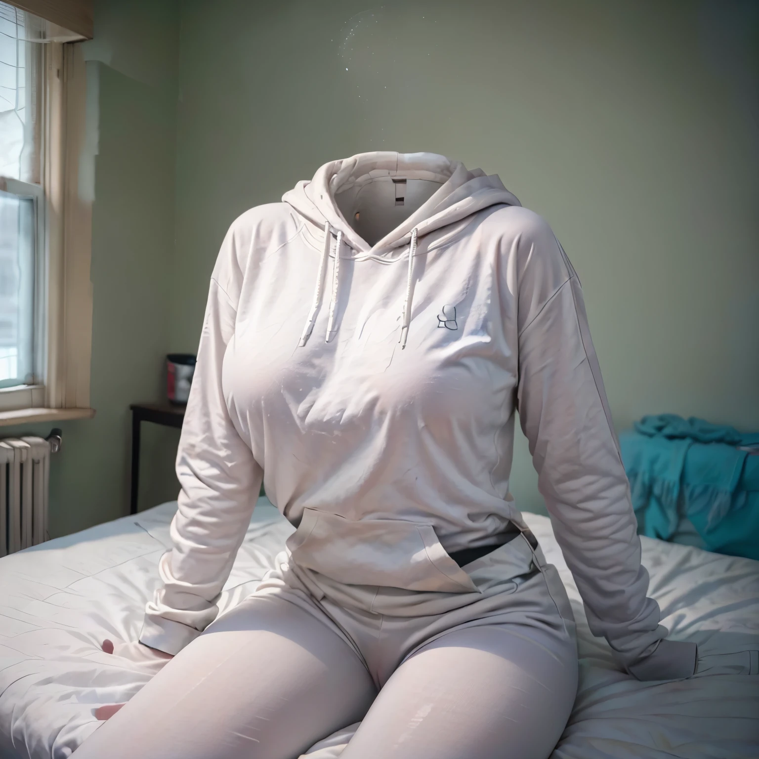 (invisible, no humans, headless, handless, faceless:1.5),(cute big breasts:1.5), hoodie, white pantyhose, on bed, (8k, RAW photo, best quality, masterpiece:1.2), (realistic, photo-realistic:1.37), photon mapping, radiosity, ((Hasselblad photography)), physically-based rendering