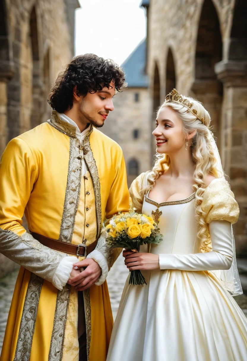 Have a medieval wedding for a couple, a beautiful curly blonde princess with a straight dark-haired prince in yellow clothes.
