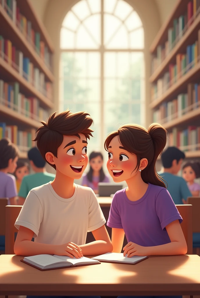 Create a boy and girl looking at eachother with smile. Seating in college library. Girl wears purple tshirt. Boy wears white tshirt. Create realistic surrounding.