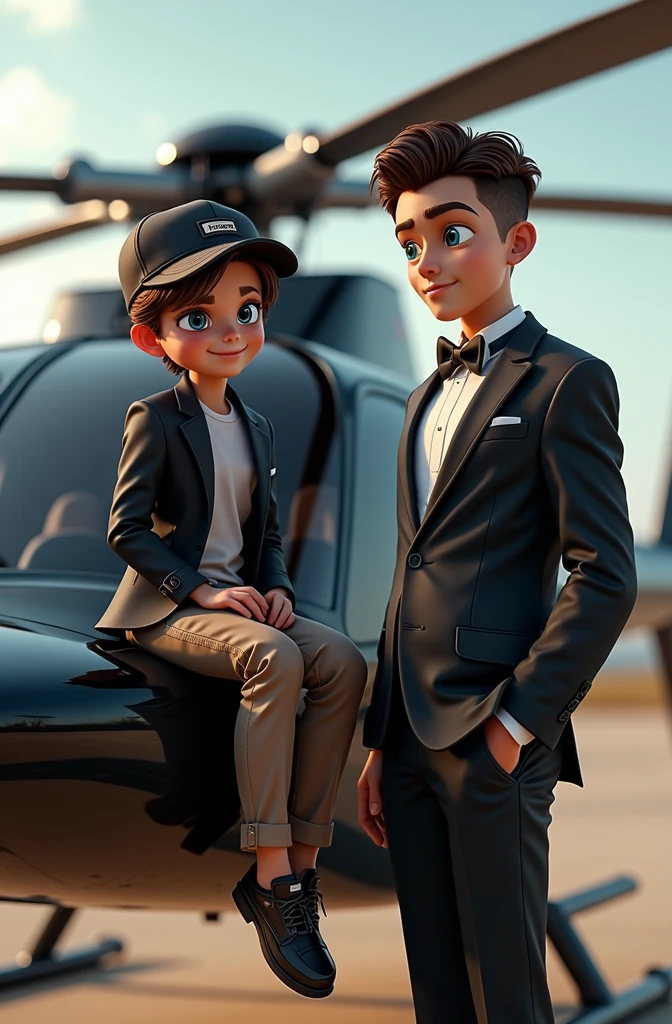 A boy who wear cap and looking so smart and beautiful stand beside the millioner and sitting on the chopper