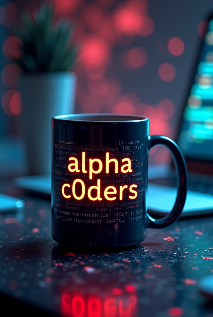 Coffee mug with a youthful design, with an engraving that says "alpha C0ders", which reflects youth, intelligence, perseverance, courage. On a background that evokes programming languages and competitiveness. High quality, hyper-realisti