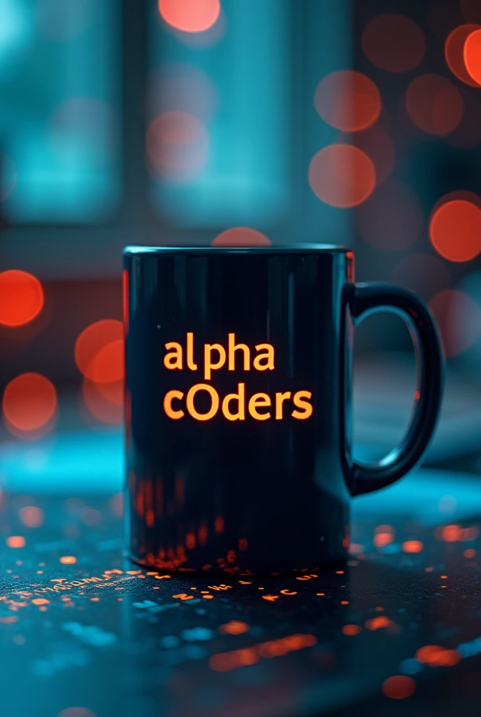 Coffee mug with a youthful design, with an engraving that says "alpha C0ders", which reflects youth, intelligence, perseverance, courage. On a background that evokes programming languages and competitiveness. High quality, hyper-realisti