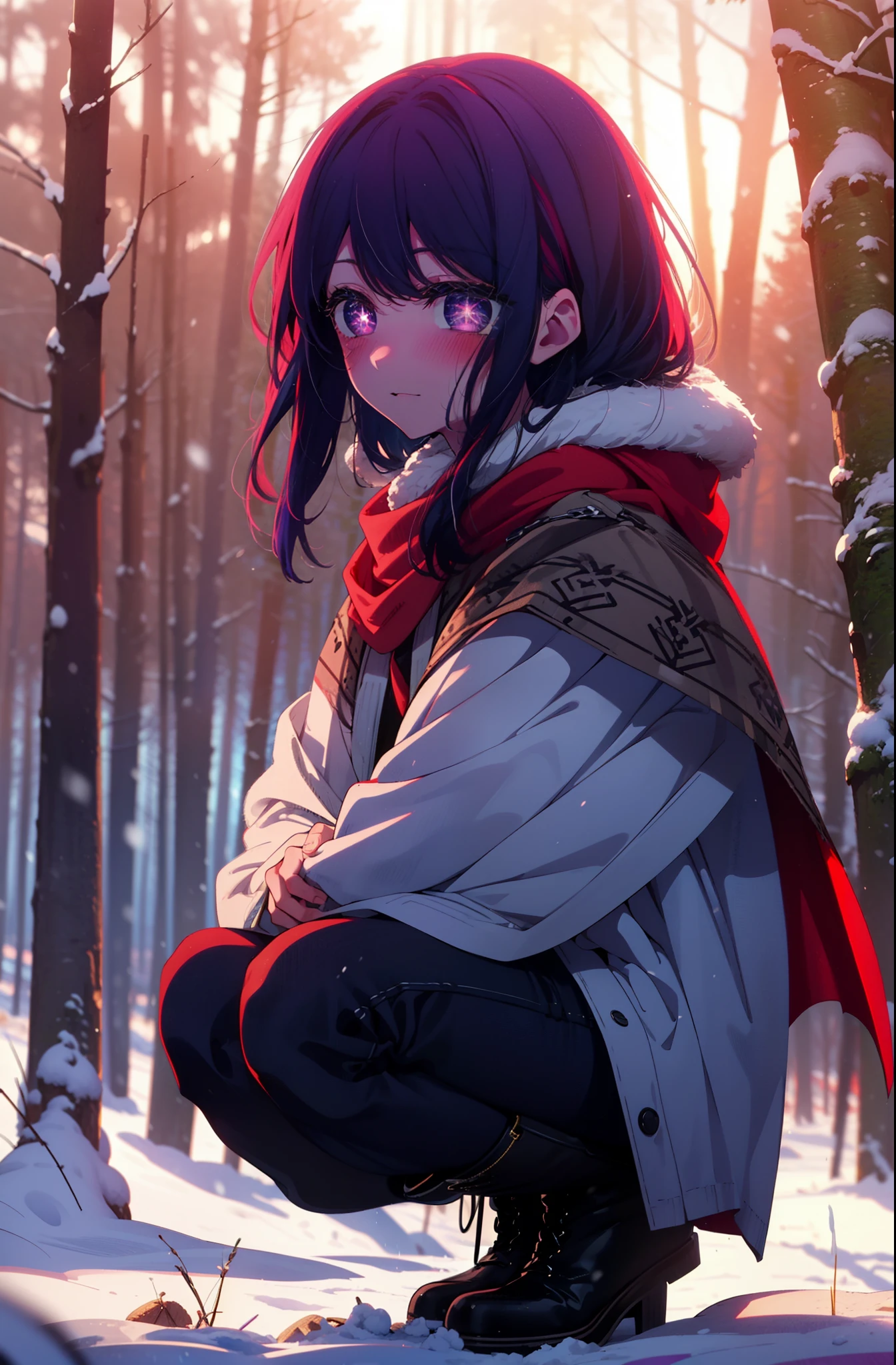 aihoshino, Ai Hoshino, Long Hair, bangs, (Purple eyes:1.1), Purple Hair, (Symbol-shaped pupil:1.5), smile,,smile,blush,white breath,
Open your mouth,snow,Ground bonfire, Outdoor, boots, snowing, From the side, wood, suitcase, Cape, Blurred, , forest, White handbag, nature, Squat, Mouth closed, Cape, winter, Written boundary depth, Black shoes, red Cape break looking at viewer, Upper Body, whole body, break Outdoor, forest, nature, break (masterpiece:1.2), Highest quality, High resolution, unity 8k wallpaper, (shape:0.8), (Beautiful and beautiful eyes:1.6), Highly detailed face, Perfect lighting, Extremely detailed CG, (Perfect hands, Perfect Anatomy),