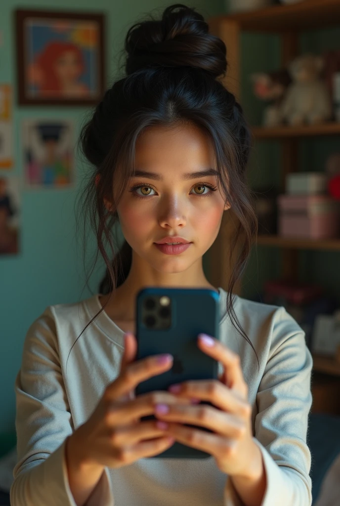 1girl, masterpiece, best quality, 8k, detailed skin texture, detailed cloth texture, beautiful detailed face, intricate details, ultra detailed, hair in braid, upper body, taking selfie in realistic messy teen bedroom