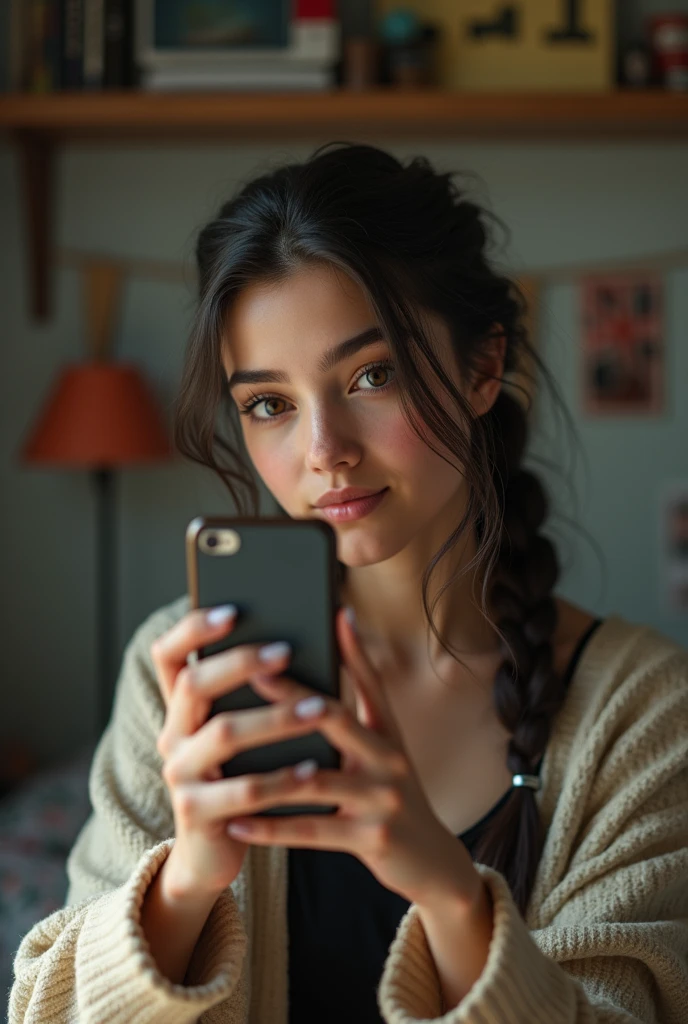 1girl, masterpiece, best quality, 8k, detailed skin texture, detailed cloth texture, beautiful detailed face, intricate details, ultra detailed, hair in braid, upper body, taking selfie in realistic messy teen bedroom