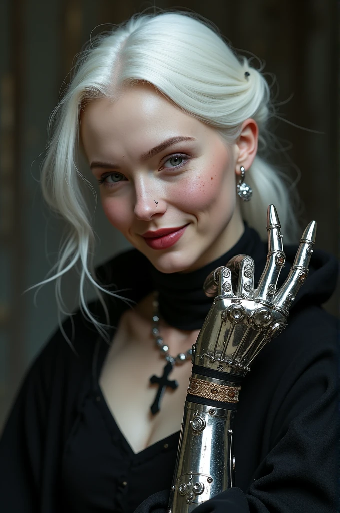 Middle Ages albino woman with a cheerful sarcastic look and white hair violet eyes soft freckles, you came in black with a cross necklace and a mechanical hand with steampunk technology