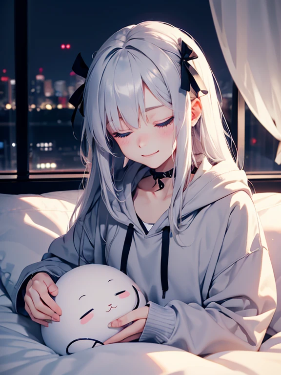 Smiling and closing his eyes、cute、Lie down in bed、night、Sleeping in the room、1 girl,albino, cute, gray hair、beautiful, long hair, Blue eyes, Wearing a hoodie jacket, hair with ribbon,night light ((8k, Hmm, surreal))、Shorten your hair