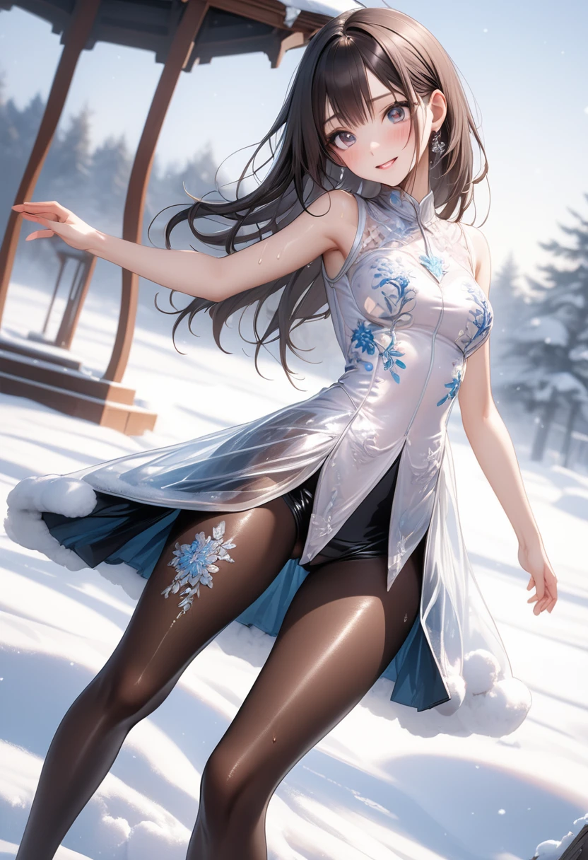 (Evil smile), (((A sexy dress inspired by snow, Gorgeous embroidery, Leather panties, skirt, Pantyhose, Stiletto heels))), ((Shiny Costumes)), ((skindentation)), skinny, solo, 1 woman, Masterpiece, highest quality, highest quality, 16K, incredibly absurd, highly detailed, 2.5D, ai-generated, delicate and dynamic, very delicate facial expressions, delicate eye depiction, erotic, only sexy woman, ((A cute and kind face)), healthy figure, ((2 woman)), 160cm tall, medium firm swaying bust, Dark Hair, blush, Sweat,Embarrassed,sexy, ((thin thighs)), shiny and lustrous, facing straight at viewer, (((in heat))), ((Oily_skin)), ((Lots of sweat)), ((dutch angle)), ((erotic pose)), (((Dynamic Pose))), ((Transparent and sparkling costume)), ((A gazebo in the middle of a beautiful snowy field)),