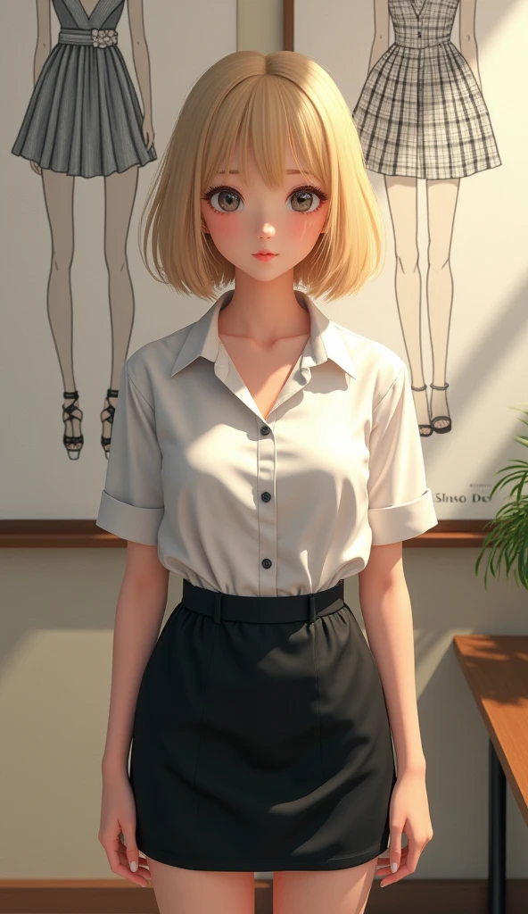 (8k, best quality, Masterpiece, very high:1.2) Photo of a beautiful Japanese girl, Beautiful and charming with contemporary fashion drawings as well., looking at the audience, ((in the classroom background)), (1 teenage girl),(Short black skirt), (White shirt with short sleeves, slightly revealing at the chest.), ((black short pencil skirt)), sugar belt, ((Put your hands down.)),blonde hair, medium hair, High angle view of a beautiful woman, realistic skin texture, look up, round chin, Art lens 85mm, F 1. 2, Sharp focus, High resolution 8K, Crazy details, complicated, elegant, big breasts, dynamic gesture, big breasts,
