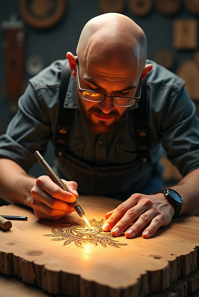 A shaved man with glasses and a short beard doing pyrography on wood as if he were tattooing