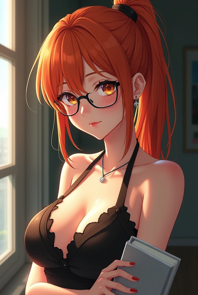 Kasumi's full body photo, Young face, Orange Hair, Ponytail, , Viviton, Solitary, Lower your face shyly, Red cheeks, Smile shyly, Slightly twisted upper body posture, Side Light, Shallow and sharp depth of field,(Very detailed),Practical, (masterpiece), (high resolution), (8k wallpaper), Orange Hair,Huge breasts,Low-cut,cleveage,earrings,necklace,Pantyhose,Red lips,Red lips,Huge breasts,super Huge breasts,teacher,teacher,Thong,wear glasses,Holding a Book,Book