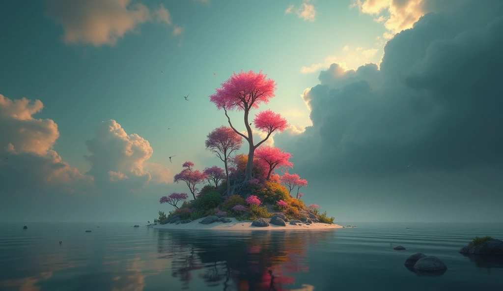 A small island with many colorful trees, Matte inspired by Mike Winkelmann, Popular on CGsociety, Fantasy Art, beeping sounds and mike winkelmann, Philip Hodas&#39;s Artistic Style, Epic dreamlike fantasy landscape, realism | beeping sounds, beeping sounds global illumination, beeping sounds daily art