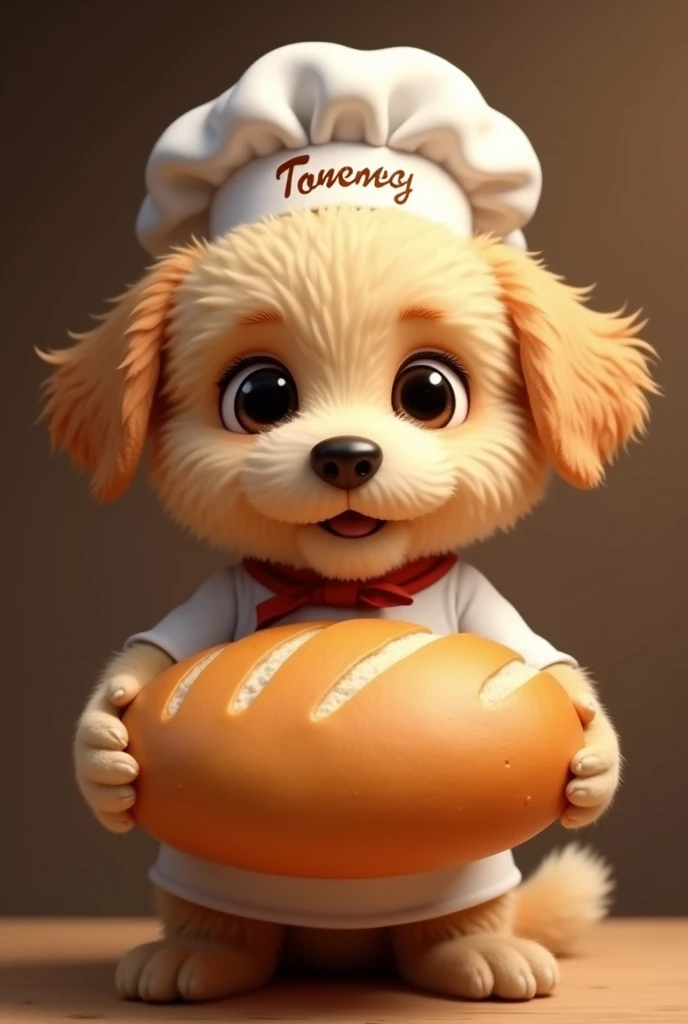 Puppy breed water dog beige and brown color, with lock,black eyes,with chef uniform,with name Tommy on the cap,offering a large loaf of bread, looking straight ahead, all in cartoon style with a blurred brown background