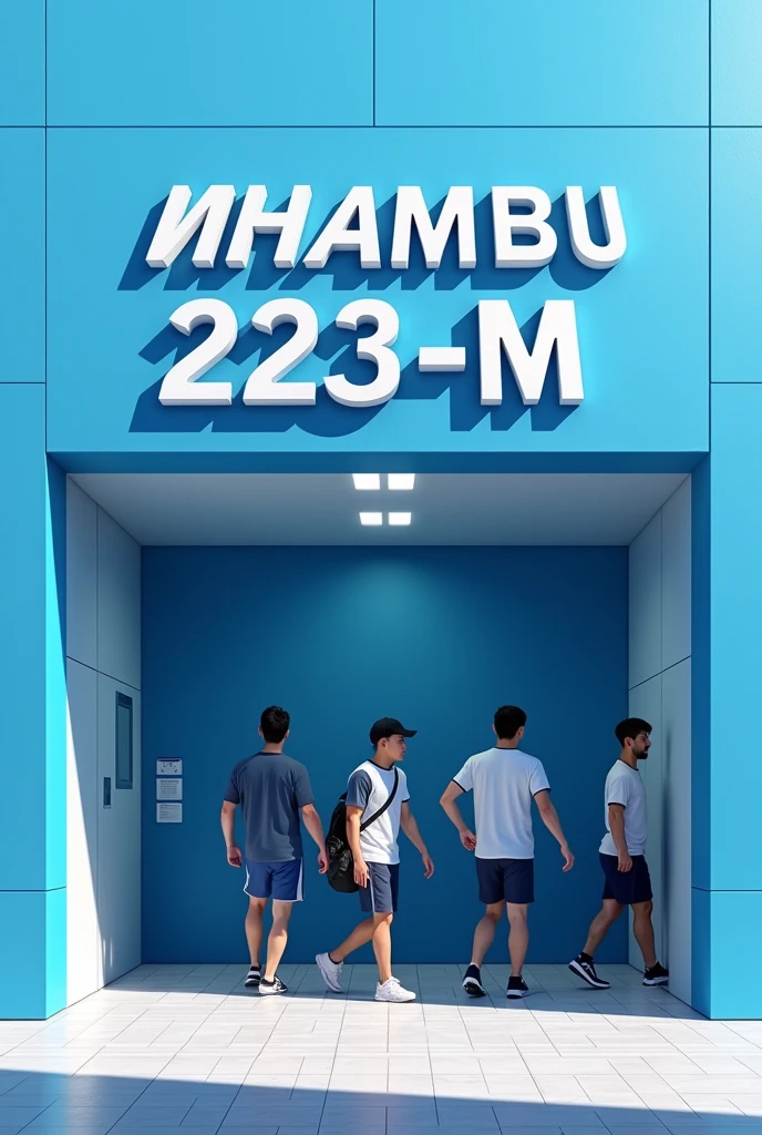 Blue wall public bathhouse, modern and brand new, with a sign written in capital letters “NHAMBU 223-M”, with men in sportswear coming and going.