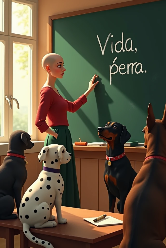 (photorealism:1.2), An attractive teacher with a shaved head, points to the blackboard on which we can read two words in Spanish, one is “VIDA” and the other is “PERRA”, written in white chalk. His students, sitting very attentively, are three dogs, a cocker spaniel, a Dalmatian and a Doberman.. Indoors, soft lighting, window with sunlight, relaxed pose, realistic, intricate details, warm colors, by Alphonse Mucha