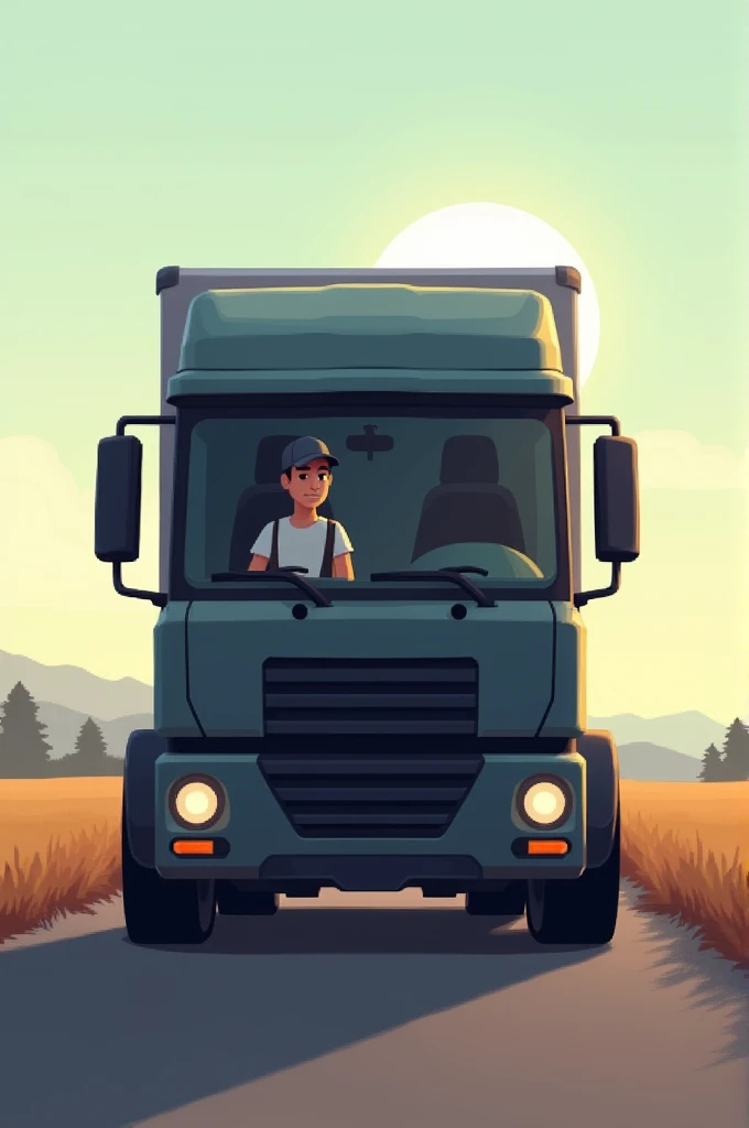 A modern truck with a minimalist design, painted in dark tones and light gray details. In the driver's seat there is a young man with a cap and a loose t-shirt.. The scenery in the background is a rural area with a bright sun. pixel art