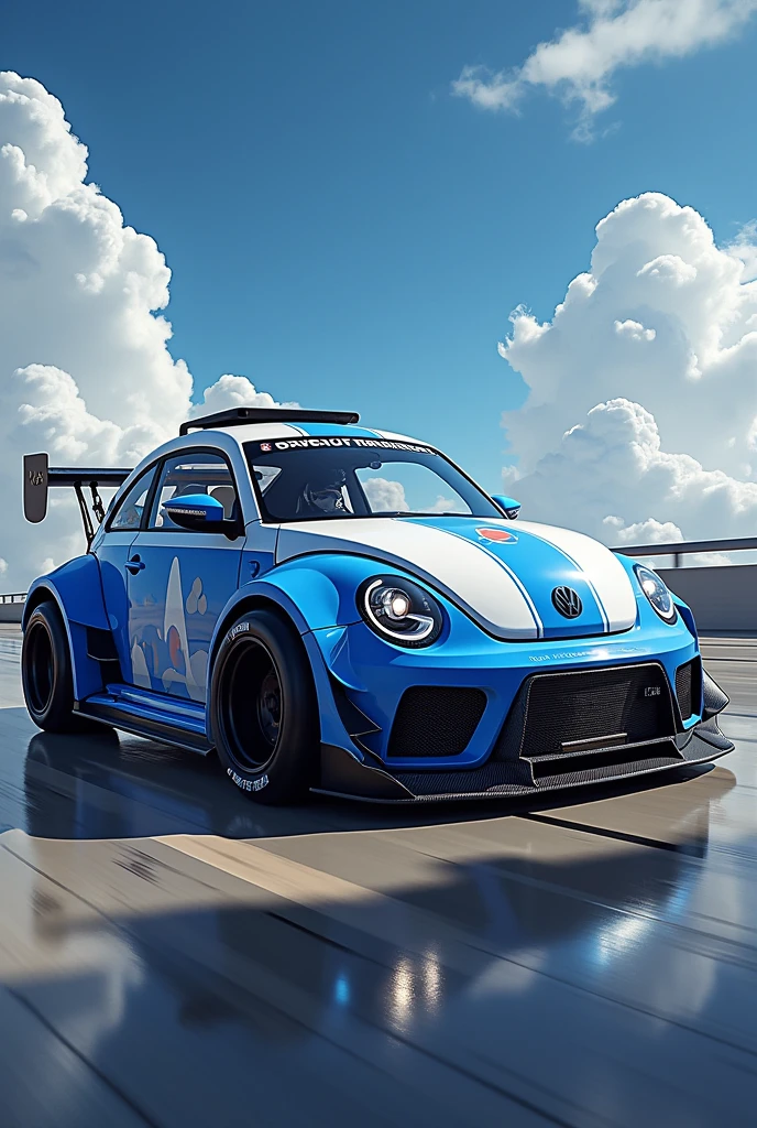 Blue and white Volkswagen Beetle with racing wheels and an aggressive rear diffuser tuning naruto
