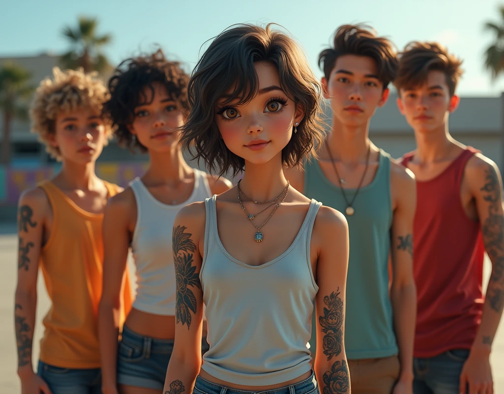 Photo of a age girl in skater fashion and her male and female friends. Everyone is wearing a tank top. A cool and stylish image、I have a tattoo