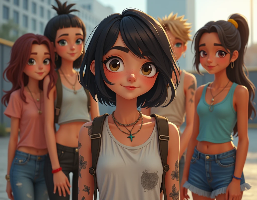 Photo of a teenage girl in skater fashion and her male and female friends. Everyone is wearing a tank top. A cool and stylish image、I have a tattoo