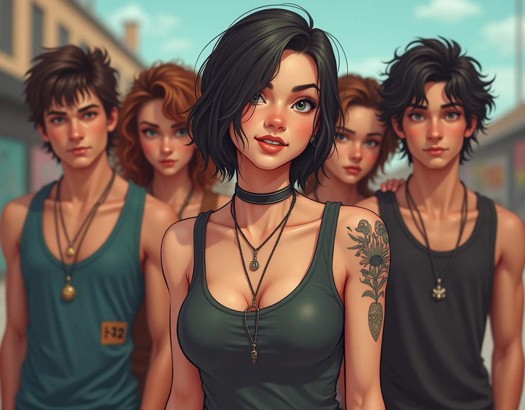 Photo of a teenage girl in skater fashion and her male and female friends. Everyone is wearing a tank top. A cool and stylish image、I have a tattoo