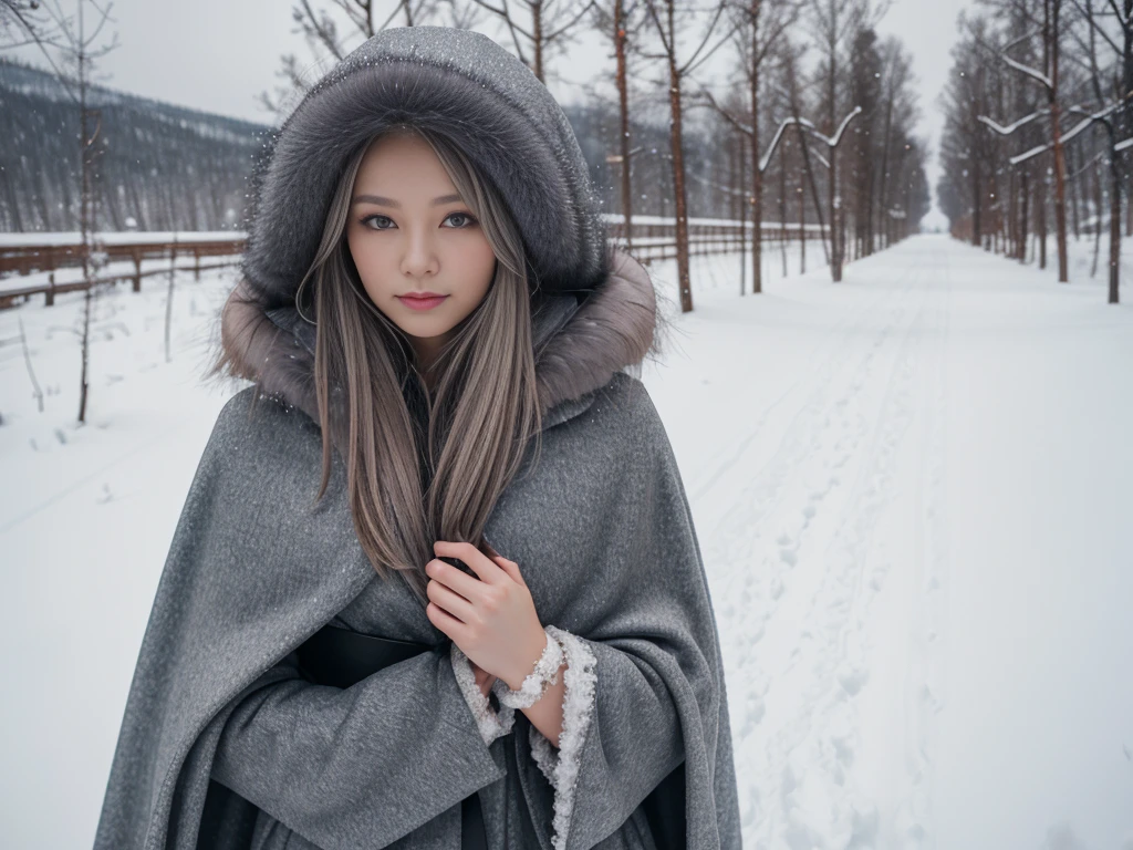 In the snowy Russian countryside、Wearing a grey fur cape、woman。Looking at this、(((Staring at the photographer、ペアのwoman)))