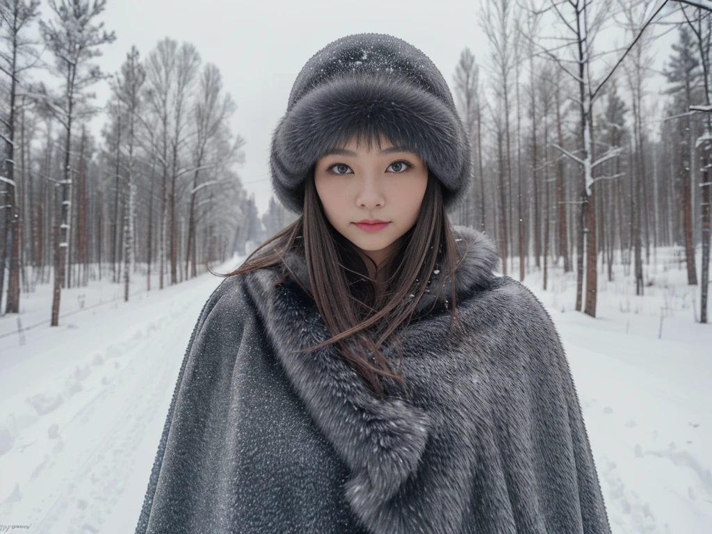 In the snowy Russian countryside、Wearing a grey fur cape、woman。Looking at this、(((Staring at the photographer、ペアのwoman)))