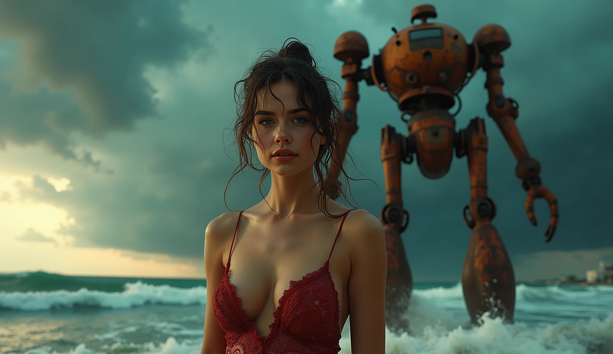 (masterpiece, UHD. Raw. Photorealistic.analog photography.1950 style ) ( full shot) an ultra hot gorgeous European woman.age 23. Epic cleavage. (100 E SIZE). Red full lips. Blush.smiling,smirking.jaw-dropping beauty, (random hair color) perfect proportions, voluptuous hourglass body. She.’s a 16th century pirate beauty.hard tropical sea. Black storm cloud. Lightning.wind. At hair, wet clothes. Oily skin. Sheer lace. In the background, a 1930 clunky and rusty evil war robot.