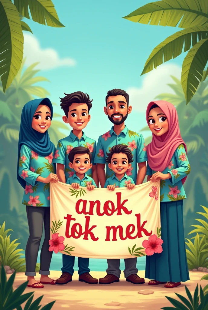 The cartoon Muslim mother, sister, brother , father, cousin, grandmother , son photoshoot wearing baby blue hawai tshirt holding the banner 'Anok Cucu Tok Mek '