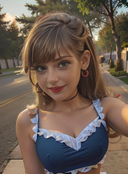 (masterpiece, The best quality, fotorrealist, High Resolutions, Director of photography, :1.3), Selfie photo of upper body, Sharp focus, 1 chica y, cute school girl , teedel, 1 teenagef, hermosa modelo adolesente , ojos color azul , tiene senos grandes , slim body shape, neckline, extremely detailed hair, They're smiling, sexy, ((realistuper realistic, realism, Detalles realists)) Tlh , Leni Loud , cute makeup ,Red lips , nariz pequeña , cabello largo rubio , Whole body , hermosa sonris , Tlh , cuerpo completo , parque , atardecer , jardin , alegre , linda sonrisa , alegre , lindo outfit , ropa de oficina , cuerpo completo , full body , cabello rubio , cabello dorado , selfie