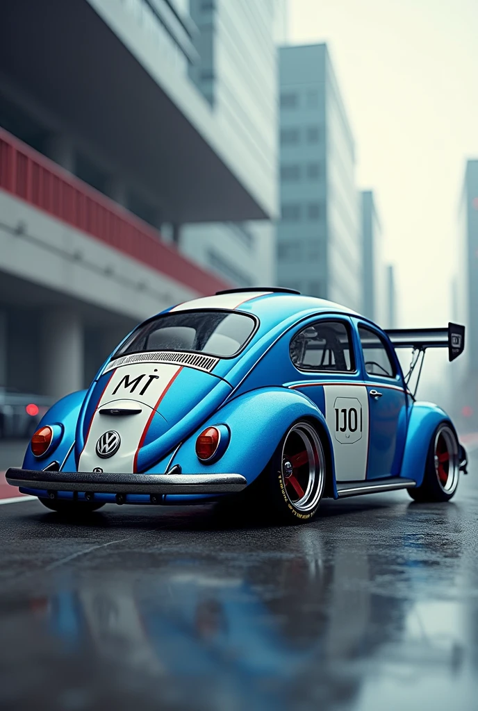 Blue and white Volkswagen Beetle with racing wheels and a rear diffuser