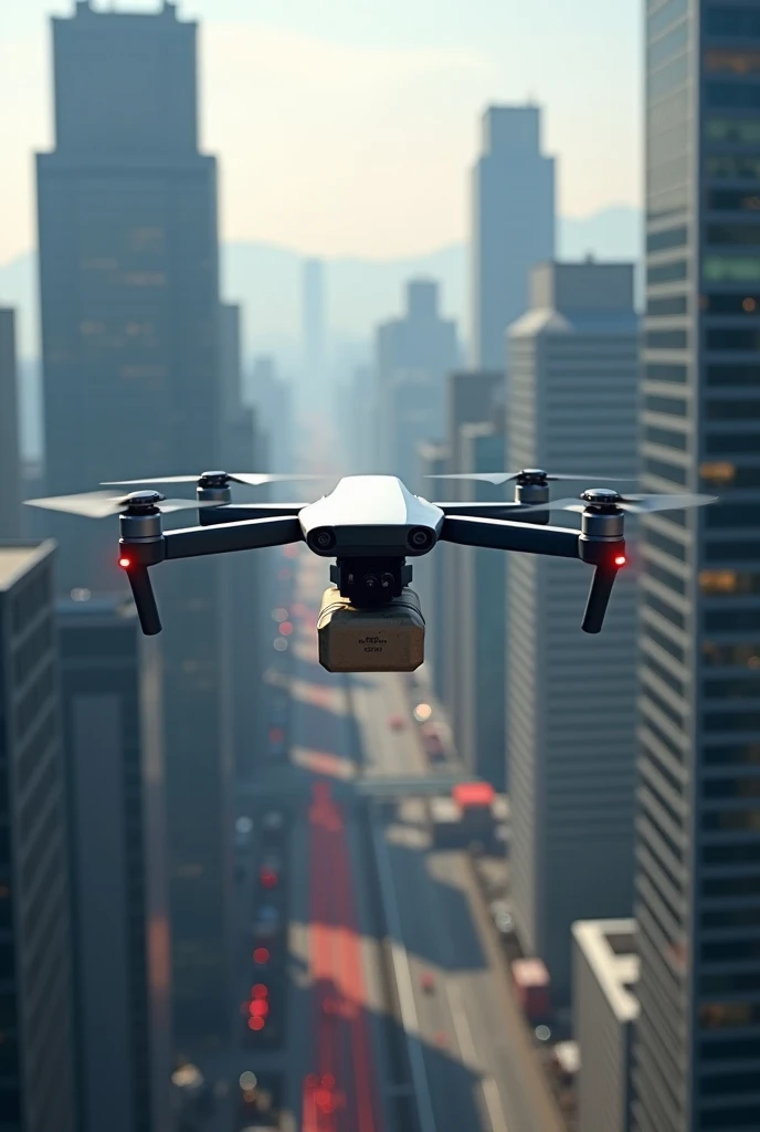 Drone in the air carrying a package