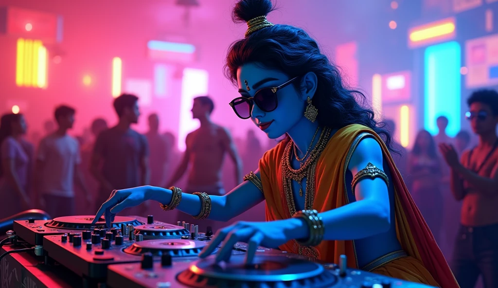 Create a haiper realistic image: create lord krishna wearing a black glass and funky dress playing with his dj gadget in a happu mood in a club in neon light and people are enjoying in his music