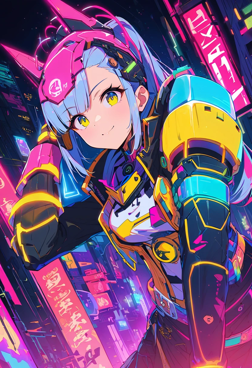 (best quality), (ultrafein), (masterpiece), Illustration, a girl,China-Samurai,cyberpunk, (cyberpunk,Samurai-Costume,Cybernetic implants), (moving towards the viewer, looks down towards the viewer, low angle view), ponytail, Hair Accessories, bright colours,(puts her hands behind her head), smiles, dynamic lighting,neon lights,Fashionable clothing of the future,a mix of traditional and modern elements,Avantgardistisches Make-up,exquisite hairstyle,Self-confidence and determination, Metall Textur,Mechanical Armor, gorgeous accessories,High-Tech-Gadgets,Impressive cybernetic improvements,Clear focus,Grumpy Details, Overclocked rendering, Cinematic edge light, fine light, masterpiece, super Details, epic work, Ultra-High-Definition, good quality, 32K