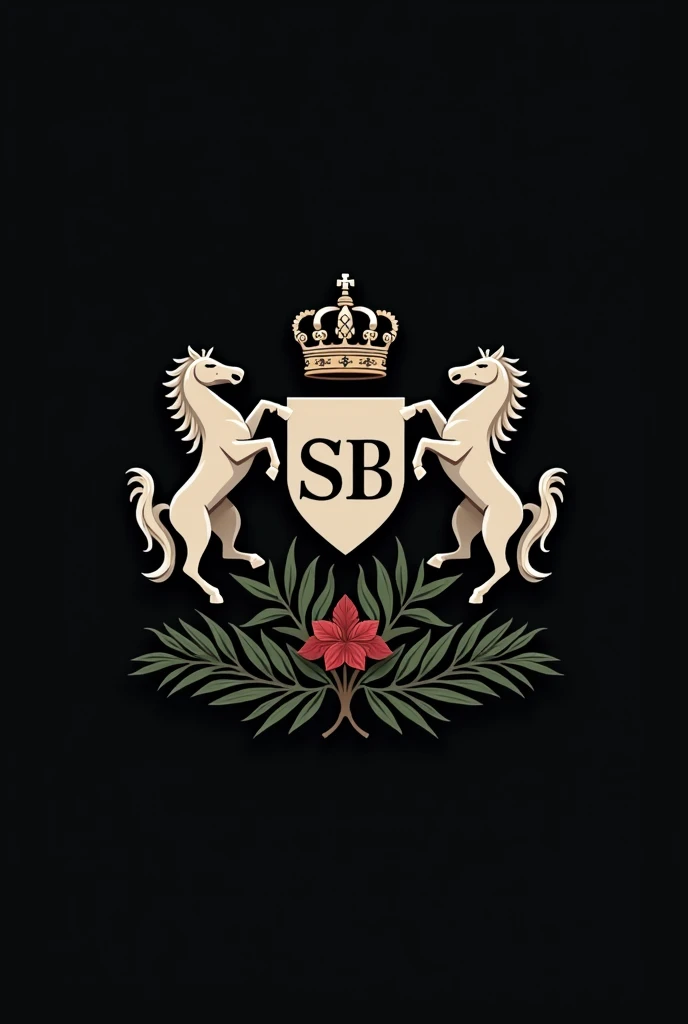 Create a very minimalist royal coat of arms with vectors, with the initial SB only inside a shield and on each side a rearing horse, a royal crown and some bundles next to the crown representing power above and below the coat of arms some branches of leaves taking the edge below the shield and at the foot of the dark a band . All text in medieval style and capital letters