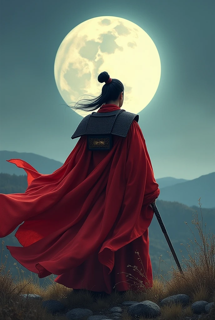 masterpiece, best quality, samurai in red kimono, cloth flowing in the air, moon, boreal steppe, sfw