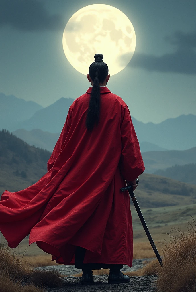 masterpiece, best quality, samurai in red kimono, cloth flowing in the air, moon, boreal steppe, sfw