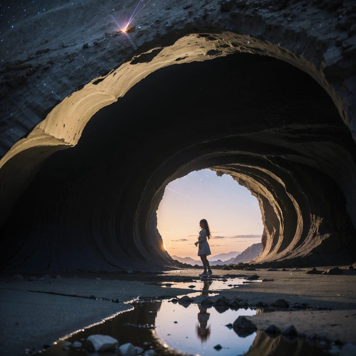 ((Top Quality)), ((Masterpiece)), ((Details)), upper body, ((close-up: 1.1)), More Saturation, strong reflections, bright shade, Place the girl in the foreground at large, Shooting Star - Cave - Black Hole - Girl, A vast, dark cave with a black hole swirling ominously in the distance. A young girl stands at the cave’s entrance, watching a meteor streak across the sky, her presence merging the mysteries of space and the innocence of youth.