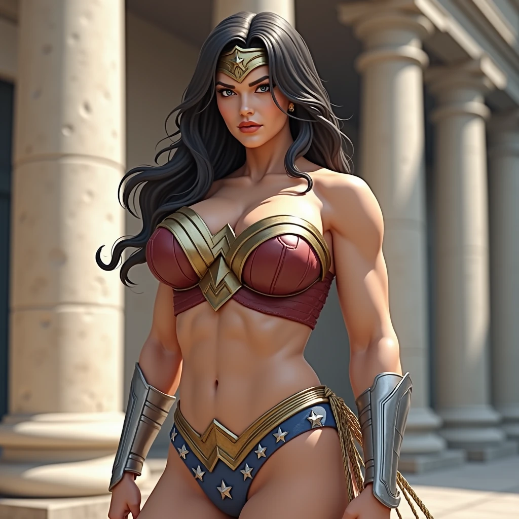 Art image of Lucy Lawless as Wonder woman, busty, beautiful, black hair, large breasts, city rooftop at night, rear view, adequate evening sunlight on face, by Louis Royo, Boris Vallejo, Frank Frazetta, sexy abs