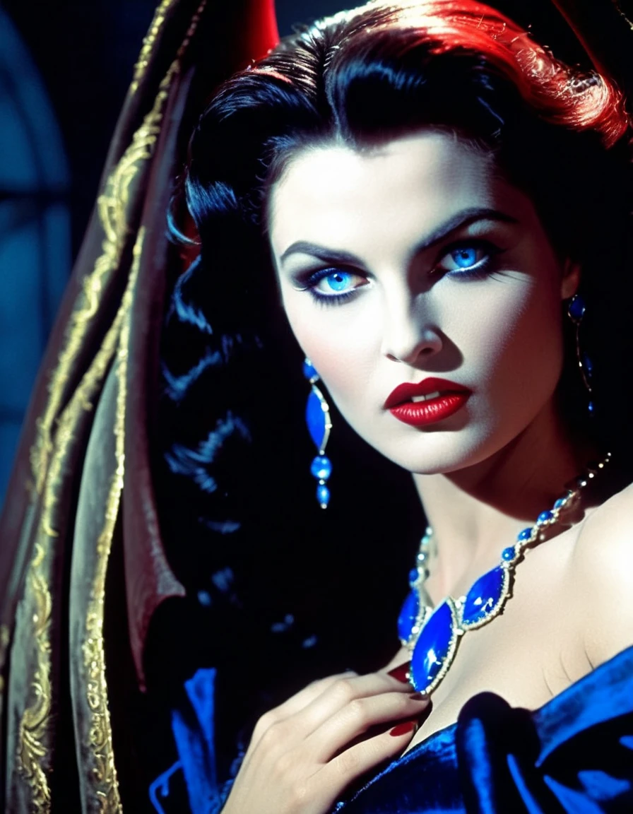(cinematic film still of Gorgons in Greek mythology Frank Frazetta painting of a gothic female vampire with an evil, seductive smile on her unparalleled beauty, protruding her fangs and gazing into the camera with dazzling blue eyes that reflect the light. The eroticism of this beautiful busty female vampire who does not lose her dignity and sexiness even when baring her fangs and craving blood will make the male sacrificed ecstatic and offer his blood.), Gothic horror, vampiress, professional, vivid colors, perfect anatomy, ideal facial features, ideally proportioned figure, perfectly beautiful body, super detailed skin, glossy skin, glistening skin, fresh white skin, Glamor, soft and curvy, body conscious, cowboy shot, from below, Portrait, Shiny brunette wavy short hair, Forehead, arched eyebrows, double eyelids, blue eyes, Eyelashes, beautiful nose, beautiful nostrils, full lips, dark lipstick, glossy lips, Vampire fangs, (A slightly open whispering mouth, teeth, vampire fangs), Small Red Chalcedony Stone Piercing, Red Diamond Necklace, Deep blue satin off-shoulder dress with short hemline, neck, collarbone, deep cleavage, Upper breast swelling, Gigantic Breasts, shallow depth of field, entirety of sharp focus, vignette, highly detailed, high budget, bokeh, cinemascope, moody, epic, gorgeous, film grain, grainy, masterpiece, incredibly absurd resolution, absolutely resolution, ultra high resolution, Vampire Fangs, evil smirk