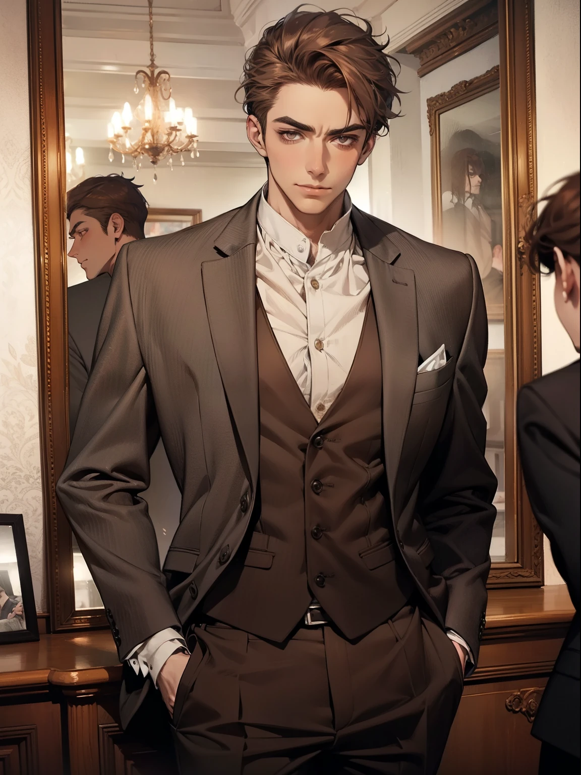 Masterpiece, Best quality, Realistic, 1 person, Mature male, Quiet and charming young man, 2 old, Serious look, Closed mouth, Portrait, Extremely detailed face, cold smile, ((dark gray eyes)), ((Right sweep short dark brown hair)), [Thick eyebrows], ((suit)), Handsome, full bodyesbian, Western, Jewish, Light brown skin,Stand in front of the mirror，Organize your clothes