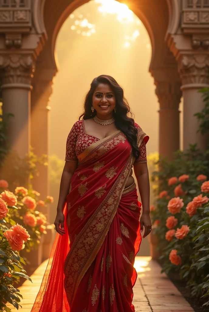 a very short and chubby curvy voluptuous smiling Indian girl with huge saggy breasts wearing trendy gorgeous intricate traditional dress without bra at a royal palace flower garden during golden hour, warm backlit dreamlike atmosphere, soft cinematic focus, anamorphic lens flares, masterpiece, by Zack Snyder,
